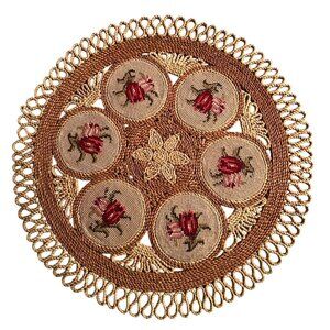 Woven Round Straw Table Placemat Embroidered Floral Design 18 Inches Handmade